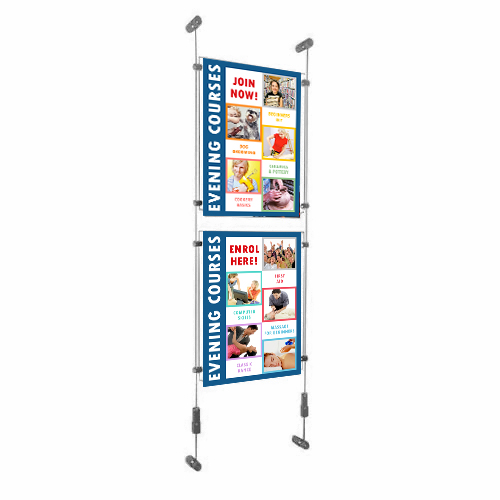 Wall-suspended acrylic poster holders on tensioned wires